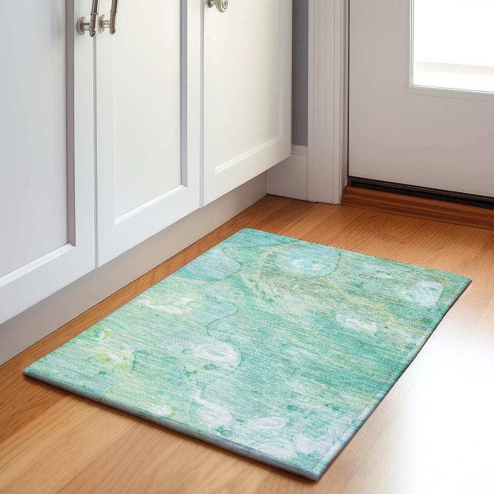 Machine Washable Indoor/Outdoor Chantille Teal 1'8" x 2'6" Rug. Picture 5