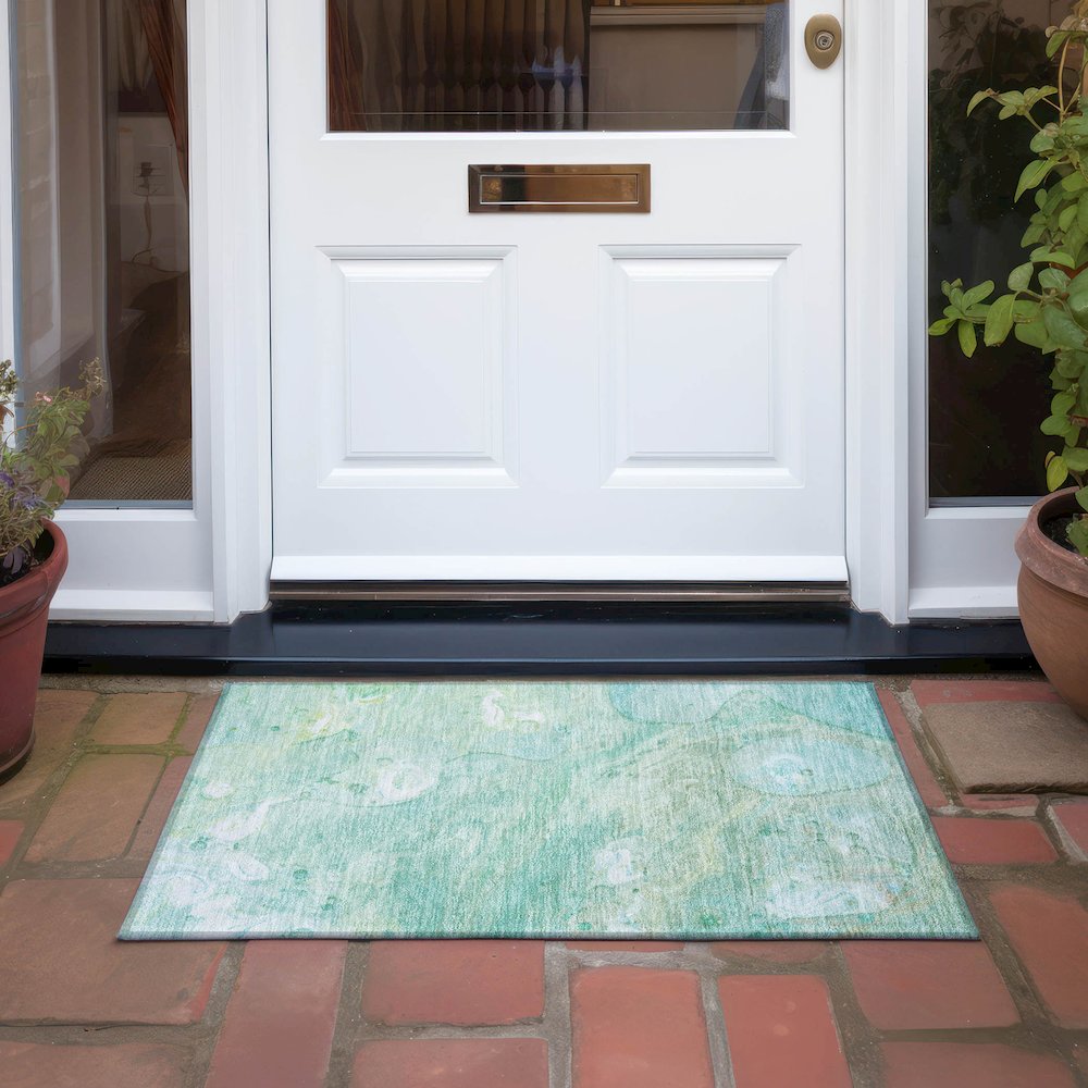 Machine Washable Indoor/Outdoor Chantille Teal 1'8" x 2'6" Rug. Picture 6