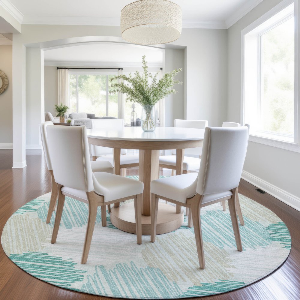 Machine Washable Indoor/Outdoor Chantille Teal 8' x 8' Round Rug. Picture 5