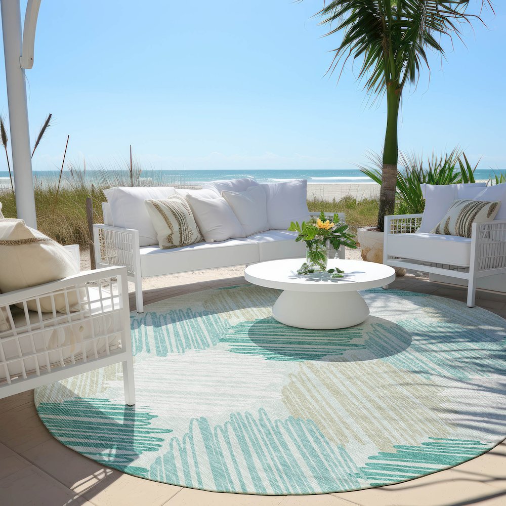 Machine Washable Indoor/Outdoor Chantille Teal 8' x 8' Round Rug. Picture 6