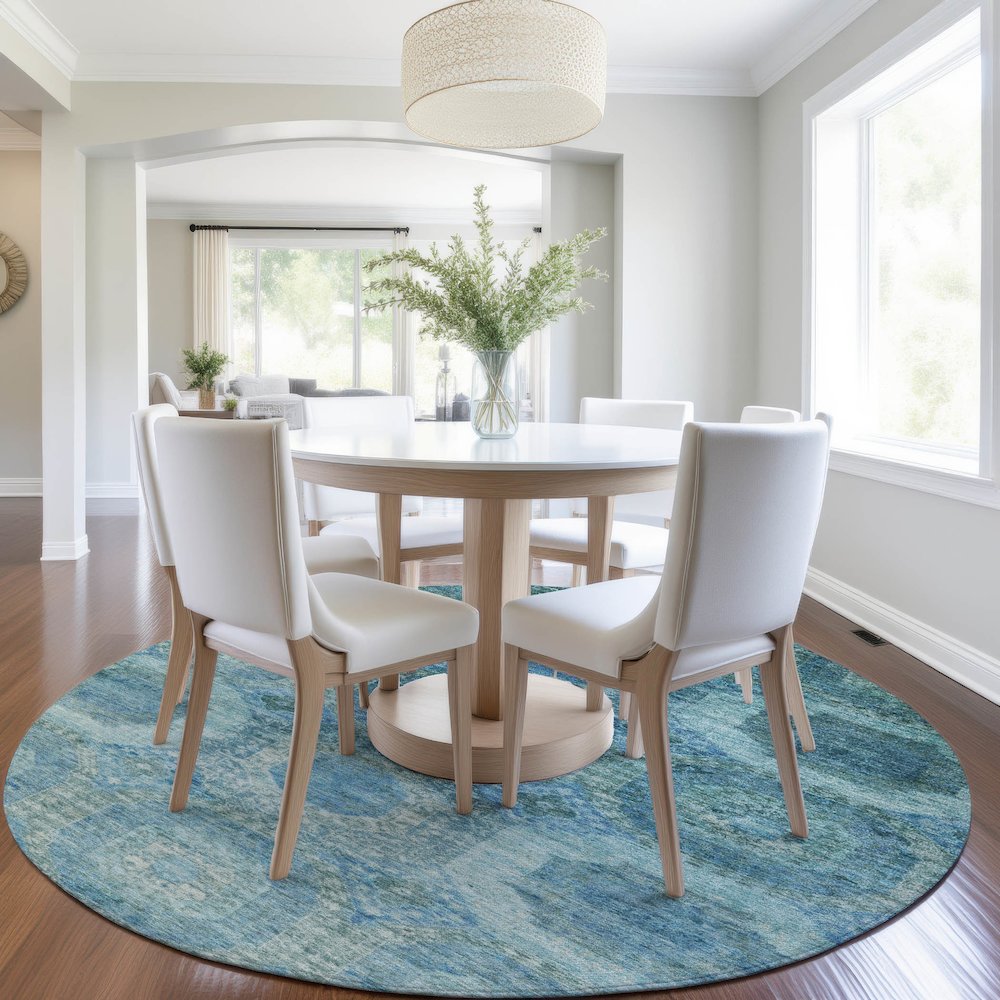 Machine Washable Indoor/Outdoor Chantille Blue 8' x 8' Round Rug. Picture 5