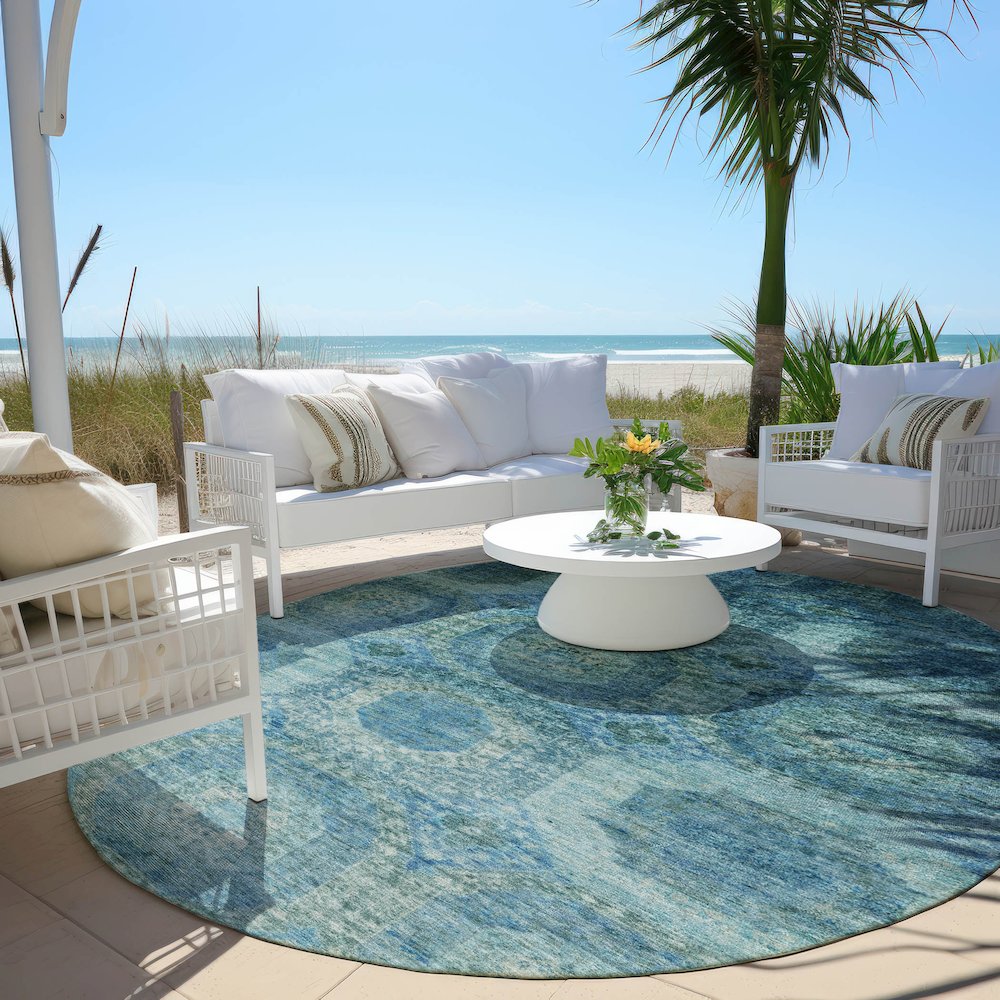 Machine Washable Indoor/Outdoor Chantille Blue 8' x 8' Round Rug. Picture 6