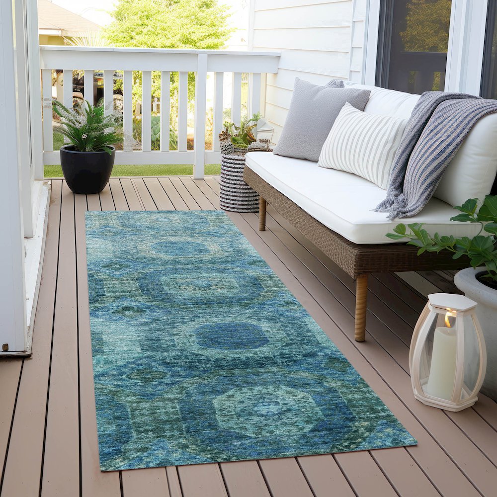 Machine Washable Indoor/Outdoor Chantille Blue 2'3" x 7'6" Runner Rug. Picture 6