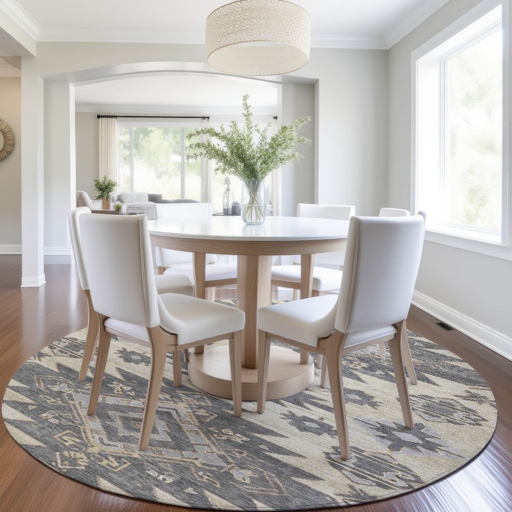 Machine Washable Indoor/Outdoor Chantille Beige 8' x 8' Round Rug. Picture 5