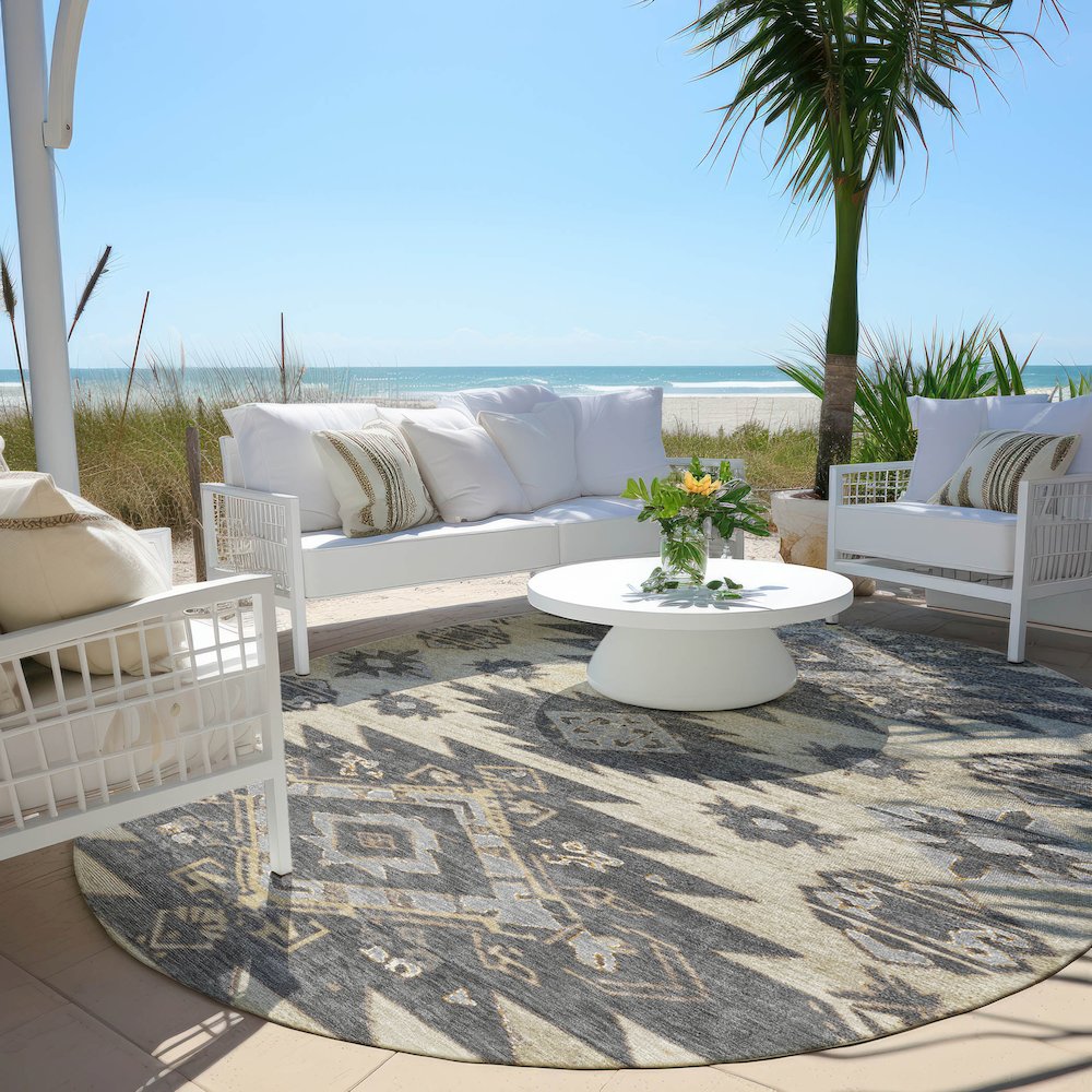 Machine Washable Indoor/Outdoor Chantille Beige 8' x 8' Round Rug. Picture 6