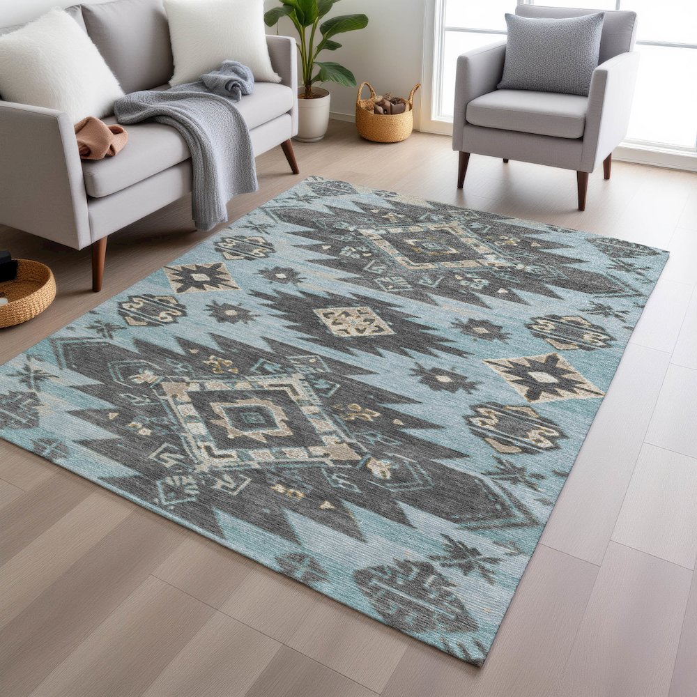 Machine Washable Indoor/Outdoor Chantille Teal 2'6" x 3'10" Rug. Picture 5