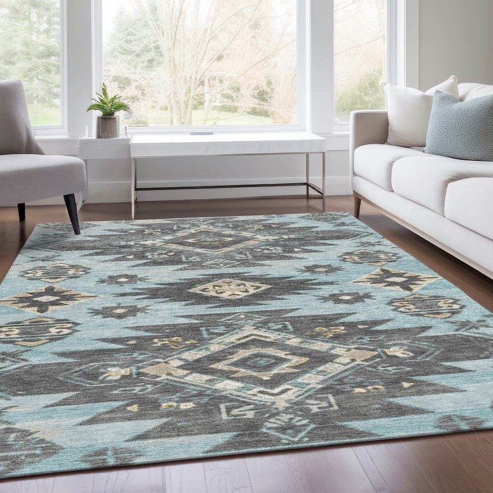 Machine Washable Indoor/Outdoor Chantille Teal 2'6" x 3'10" Rug. Picture 6