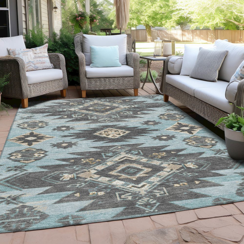 Machine Washable Indoor/Outdoor Chantille Teal 2'6" x 3'10" Rug. Picture 7