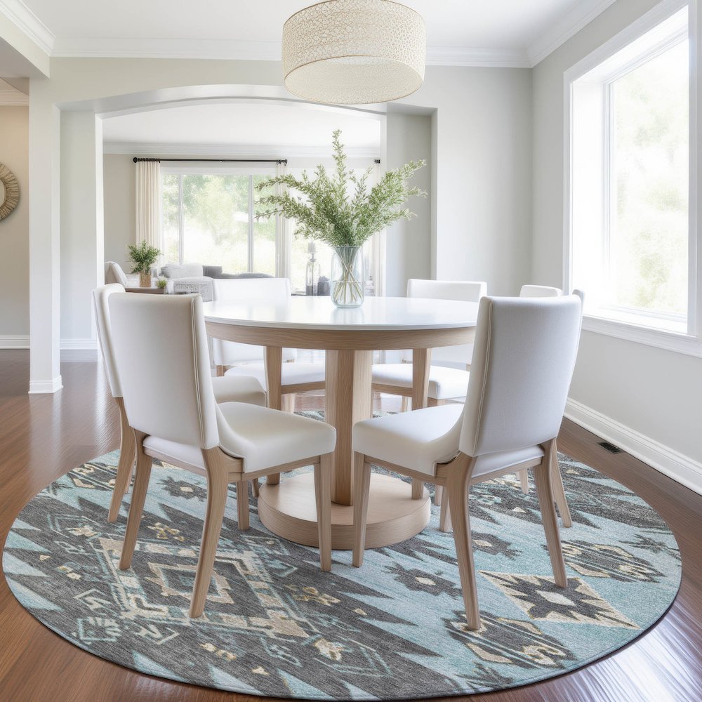 Machine Washable Indoor/Outdoor Chantille Teal 8' x 8' Round Rug. Picture 5
