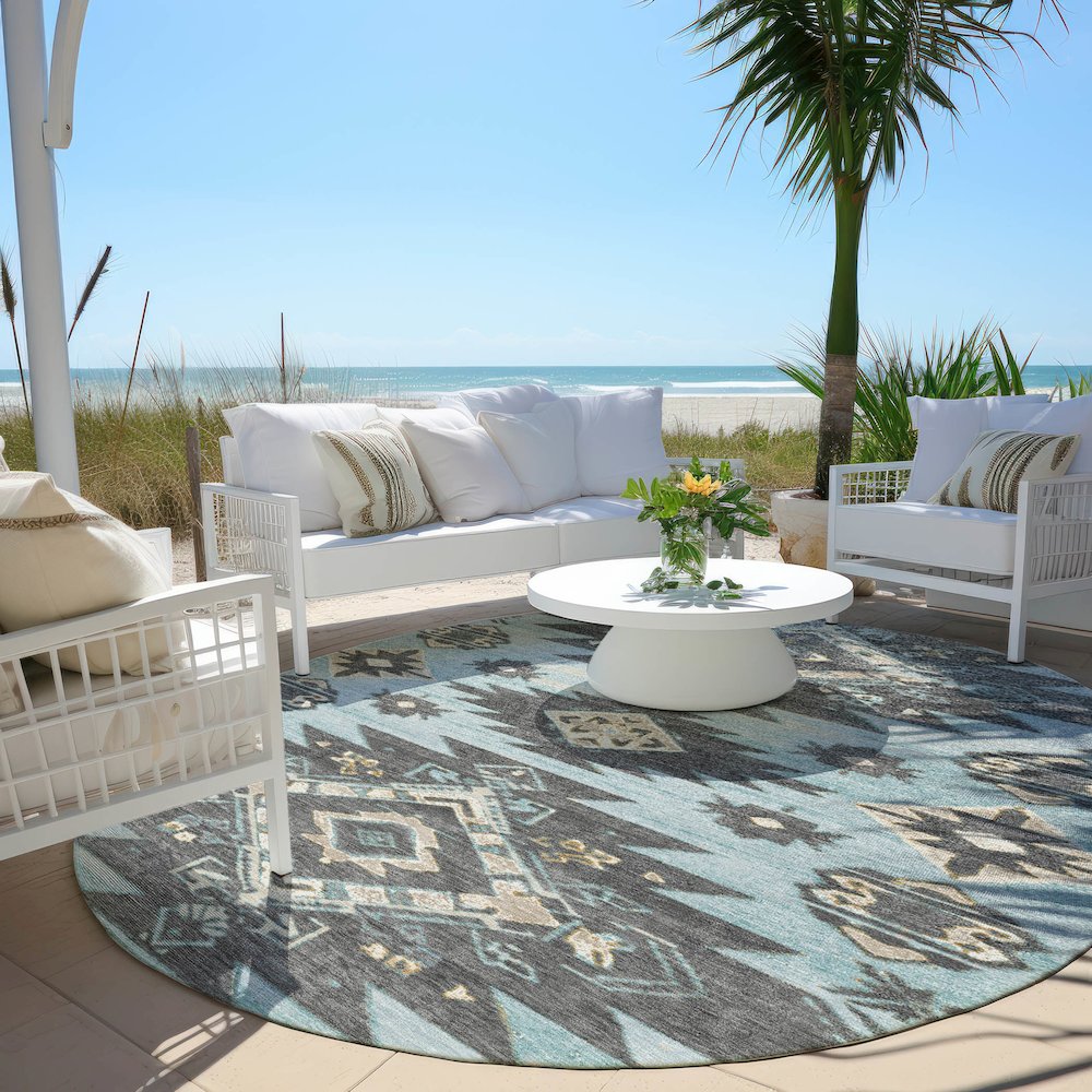 Machine Washable Indoor/Outdoor Chantille Teal 8' x 8' Round Rug. Picture 6