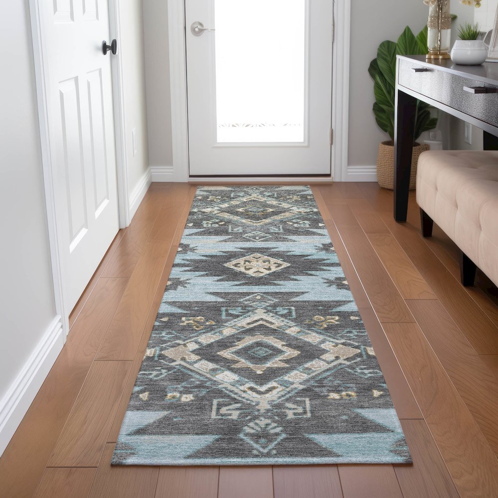 Machine Washable Indoor/Outdoor Chantille Teal 2'3" x 7'6" Runner Rug. Picture 5