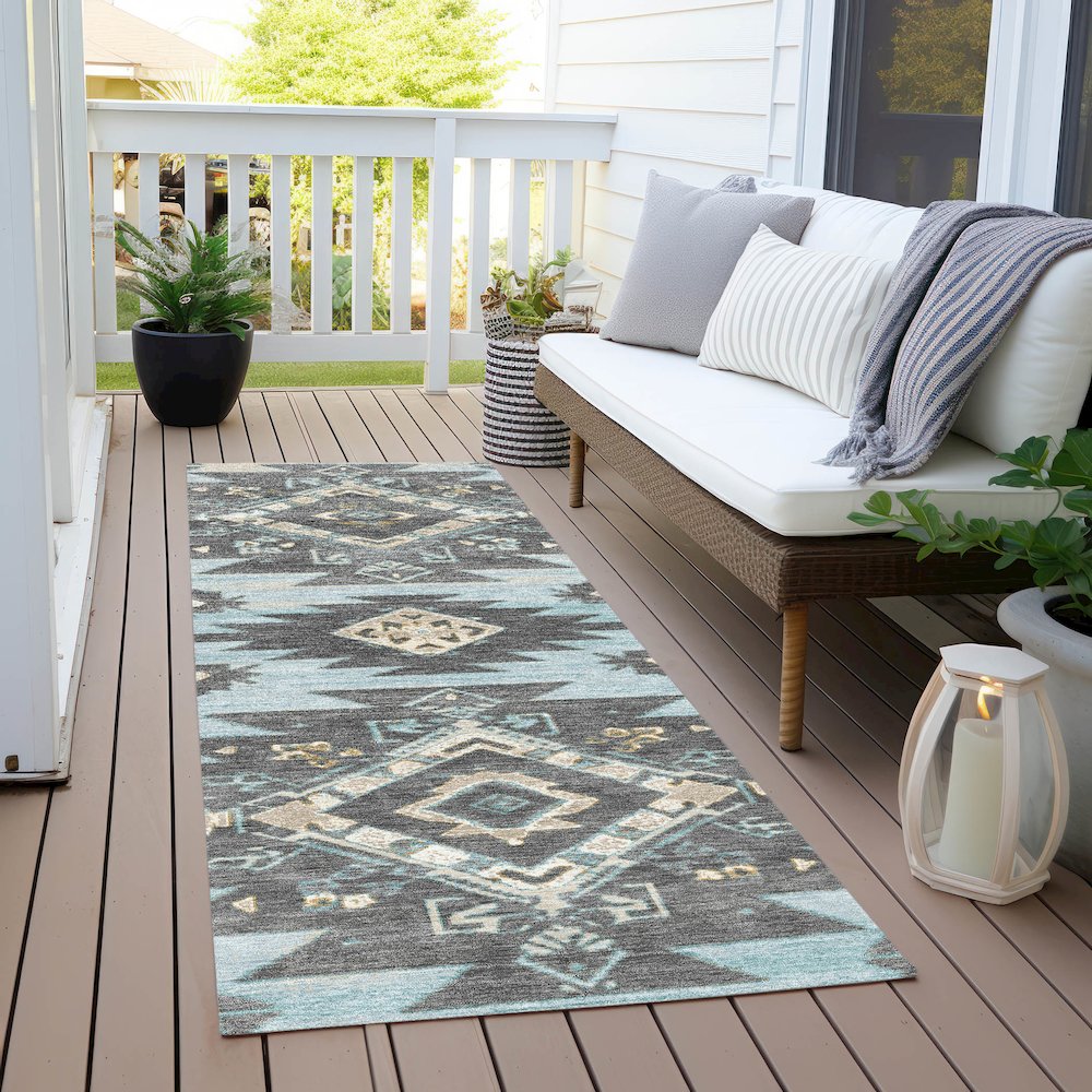 Machine Washable Indoor/Outdoor Chantille Teal 2'3" x 7'6" Runner Rug. Picture 6