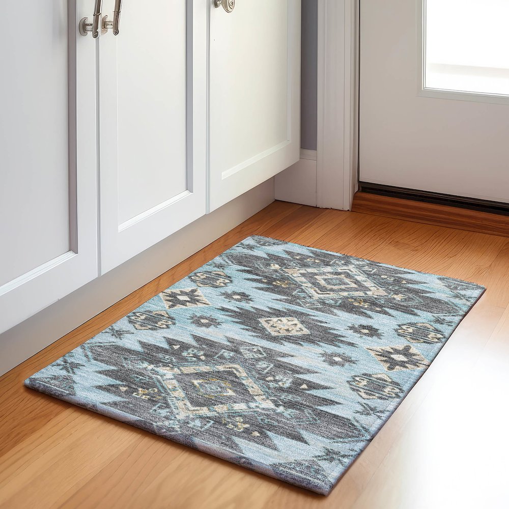 Machine Washable Indoor/Outdoor Chantille Teal 1'8" x 2'6" Rug. Picture 5