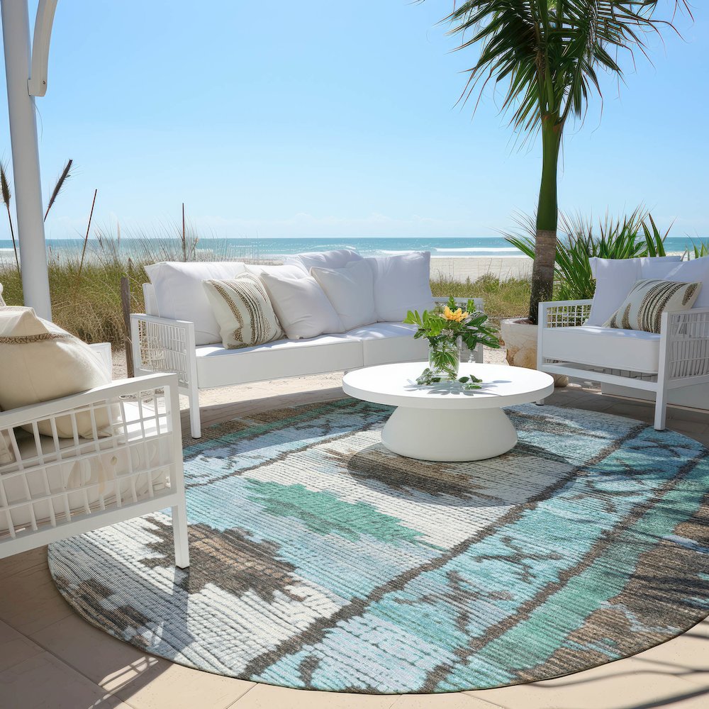 Machine Washable Indoor/Outdoor Chantille Brown 8' x 8' Round Rug. Picture 6