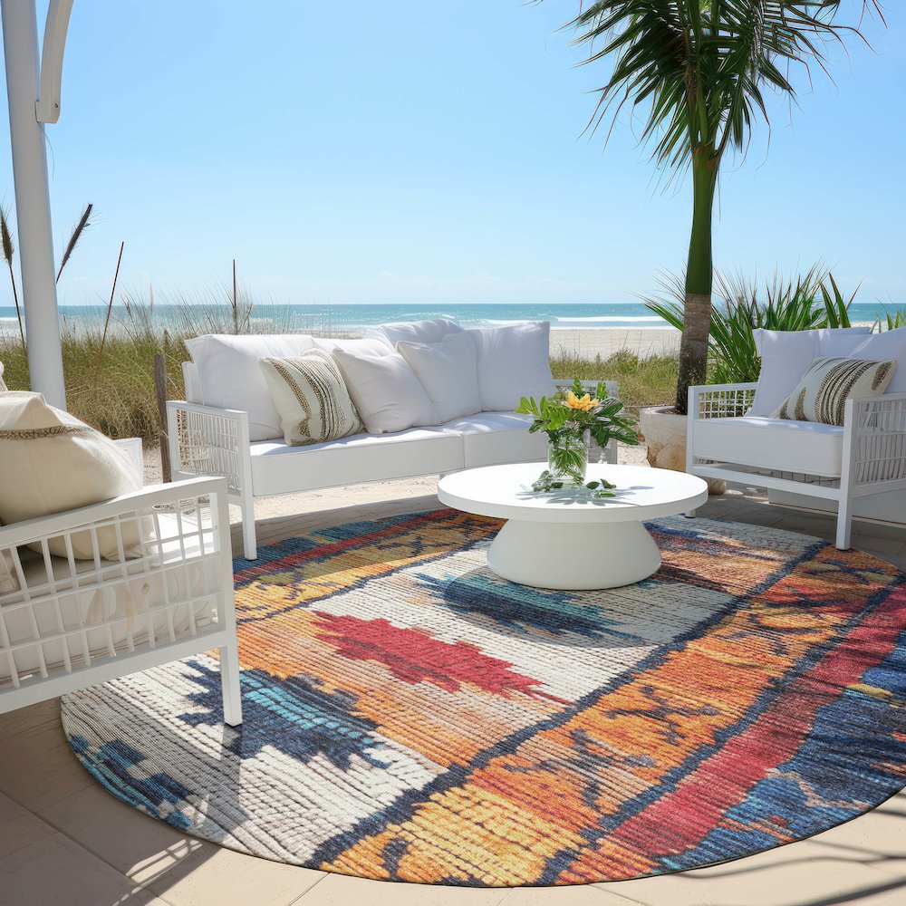 Machine Washable Indoor/Outdoor Chantille Navy 8' x 8' Round Rug. Picture 6