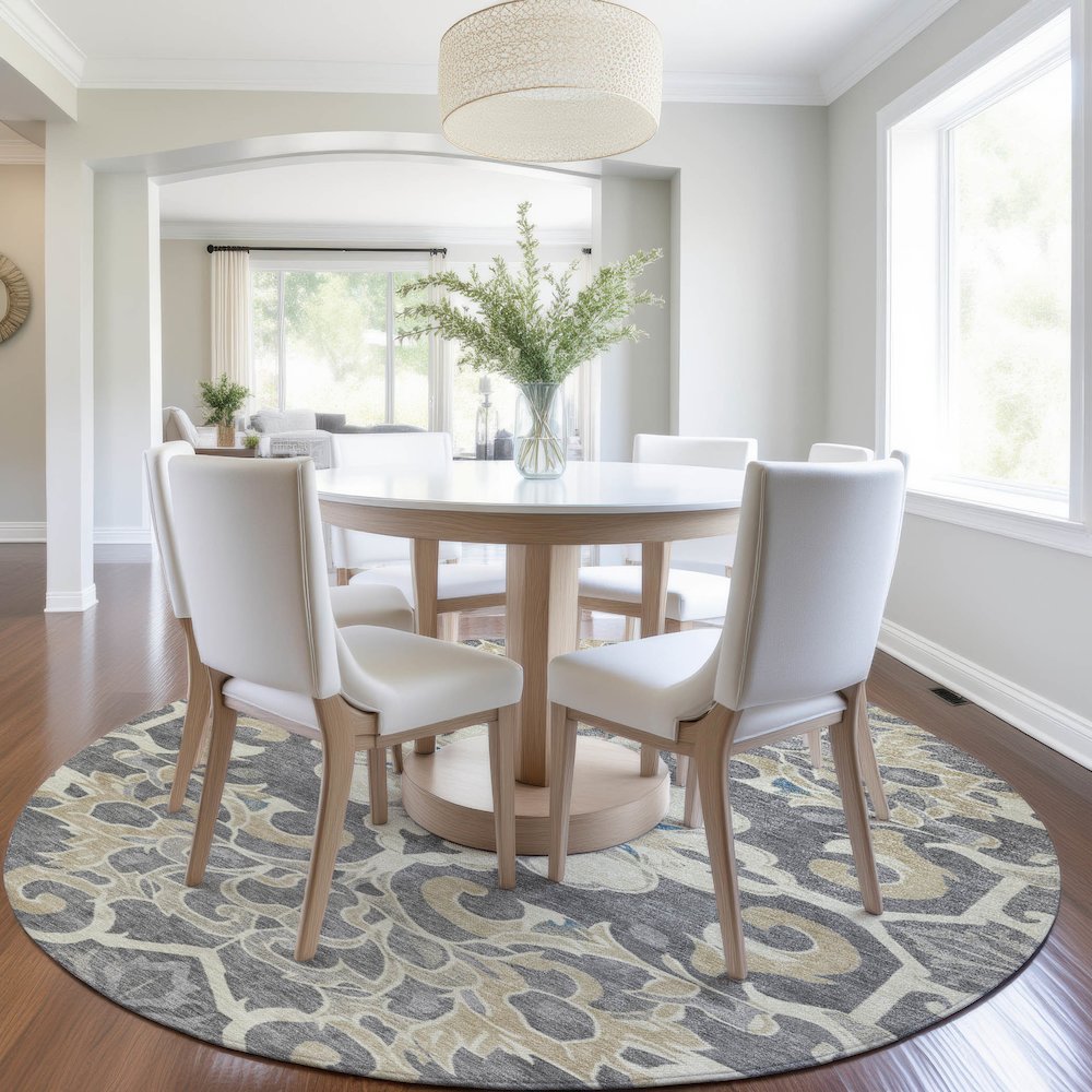 Machine Washable Indoor/Outdoor Chantille Beige 8' x 8' Round Rug. Picture 5