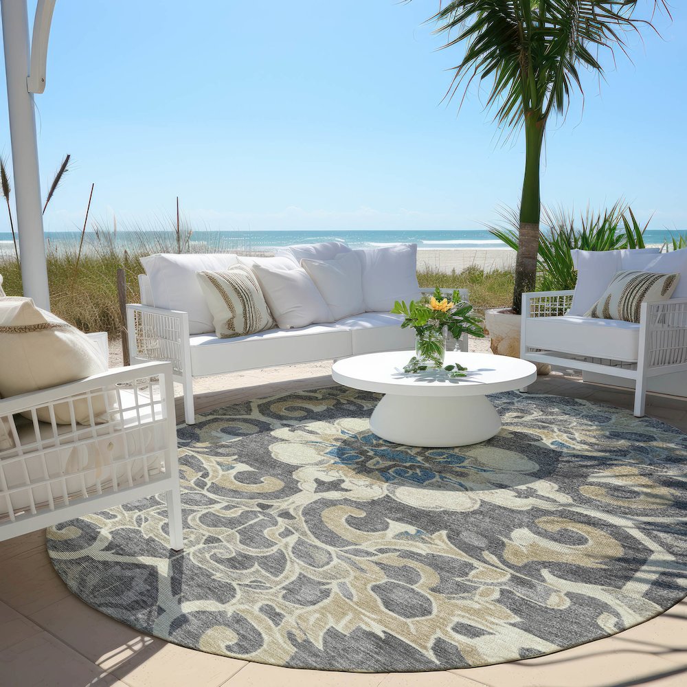 Machine Washable Indoor/Outdoor Chantille Beige 8' x 8' Round Rug. Picture 6