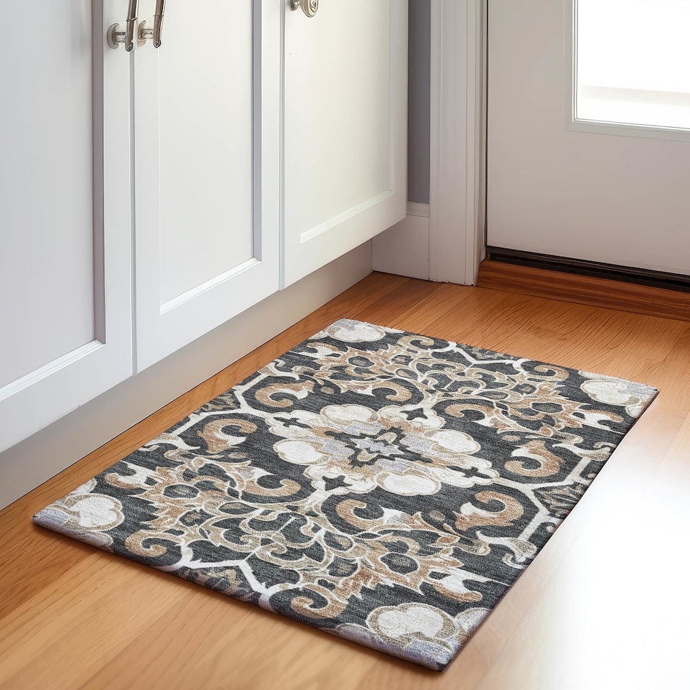 Machine Washable Indoor/Outdoor Chantille Charcoal 1'8" x 2'6" Rug. Picture 5