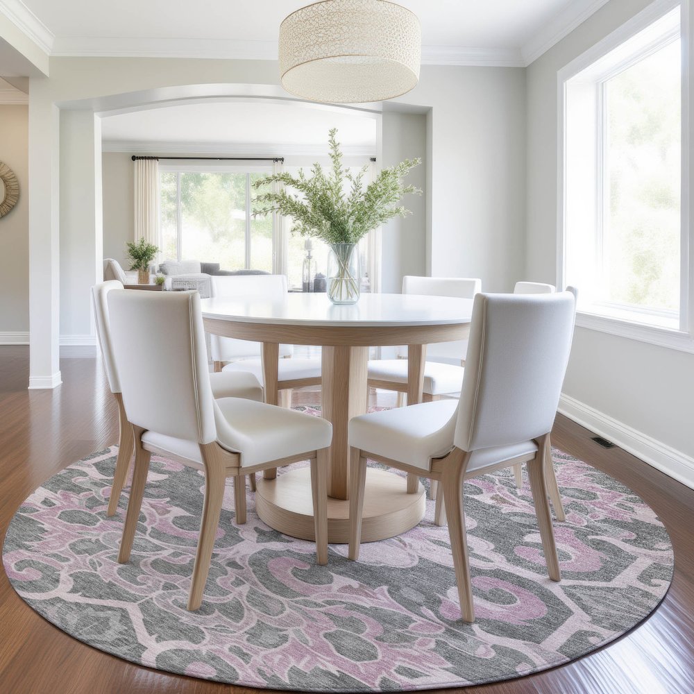 Machine Washable Indoor/Outdoor Chantille Pink 8' x 8' Round Rug. Picture 5