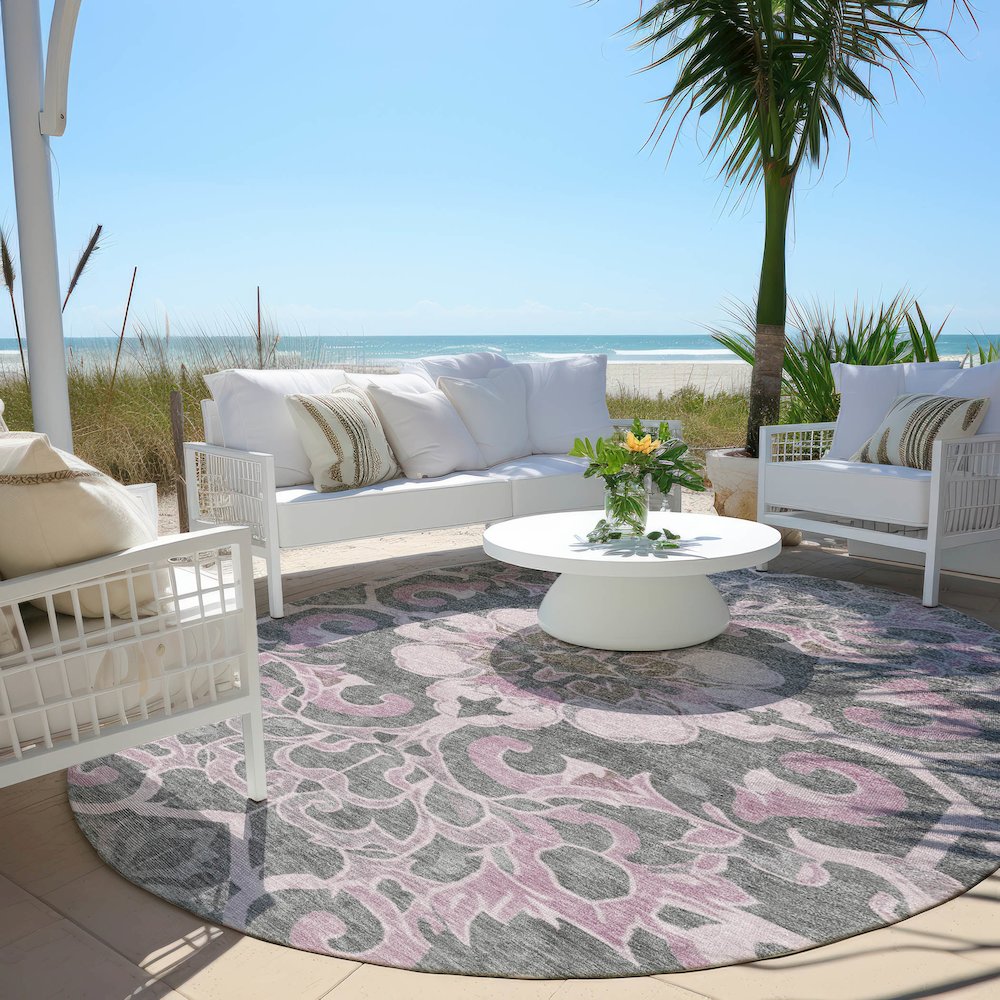 Machine Washable Indoor/Outdoor Chantille Pink 8' x 8' Round Rug. Picture 6