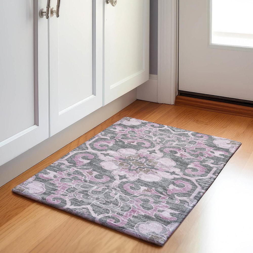 Machine Washable Indoor/Outdoor Chantille Pink 1'8" x 2'6" Rug. Picture 5