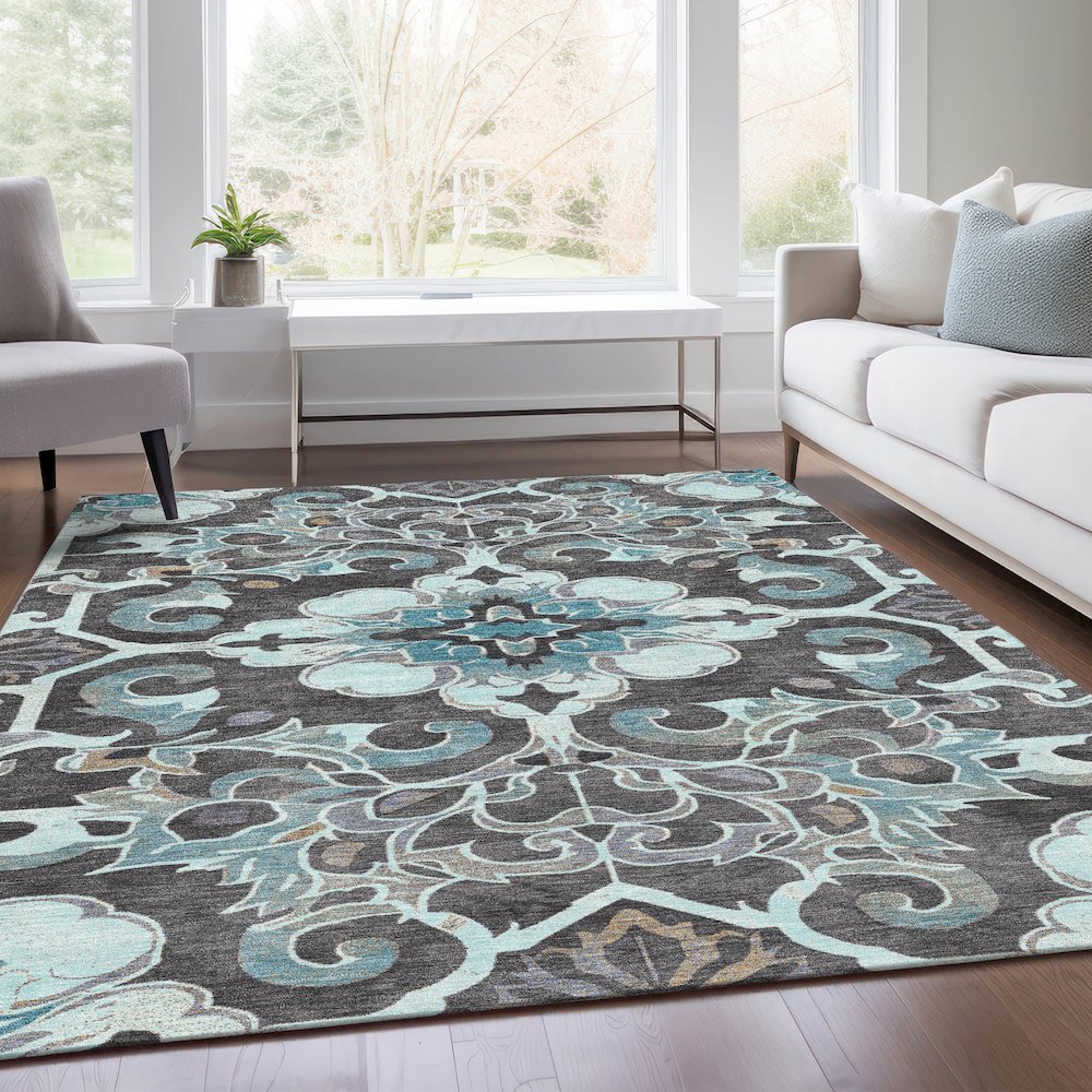 Machine Washable Indoor/Outdoor Chantille Teal 2'6" x 3'10" Rug. Picture 6