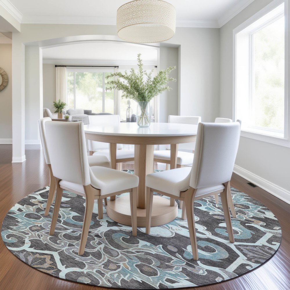 Machine Washable Indoor/Outdoor Chantille Teal 8' x 8' Round Rug. Picture 5