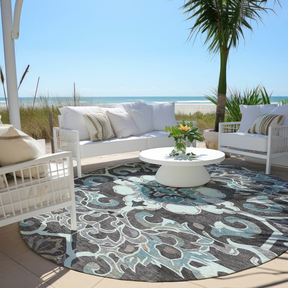 Machine Washable Indoor/Outdoor Chantille Teal 8' x 8' Round Rug. Picture 6