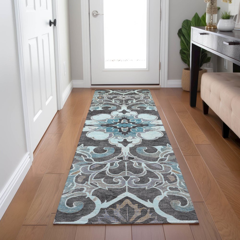 Machine Washable Indoor/Outdoor Chantille Teal 2'3" x 7'6" Runner Rug. Picture 5