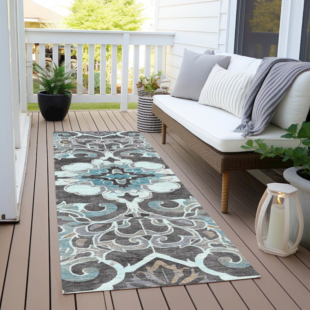 Machine Washable Indoor/Outdoor Chantille Teal 2'3" x 7'6" Runner Rug. Picture 6