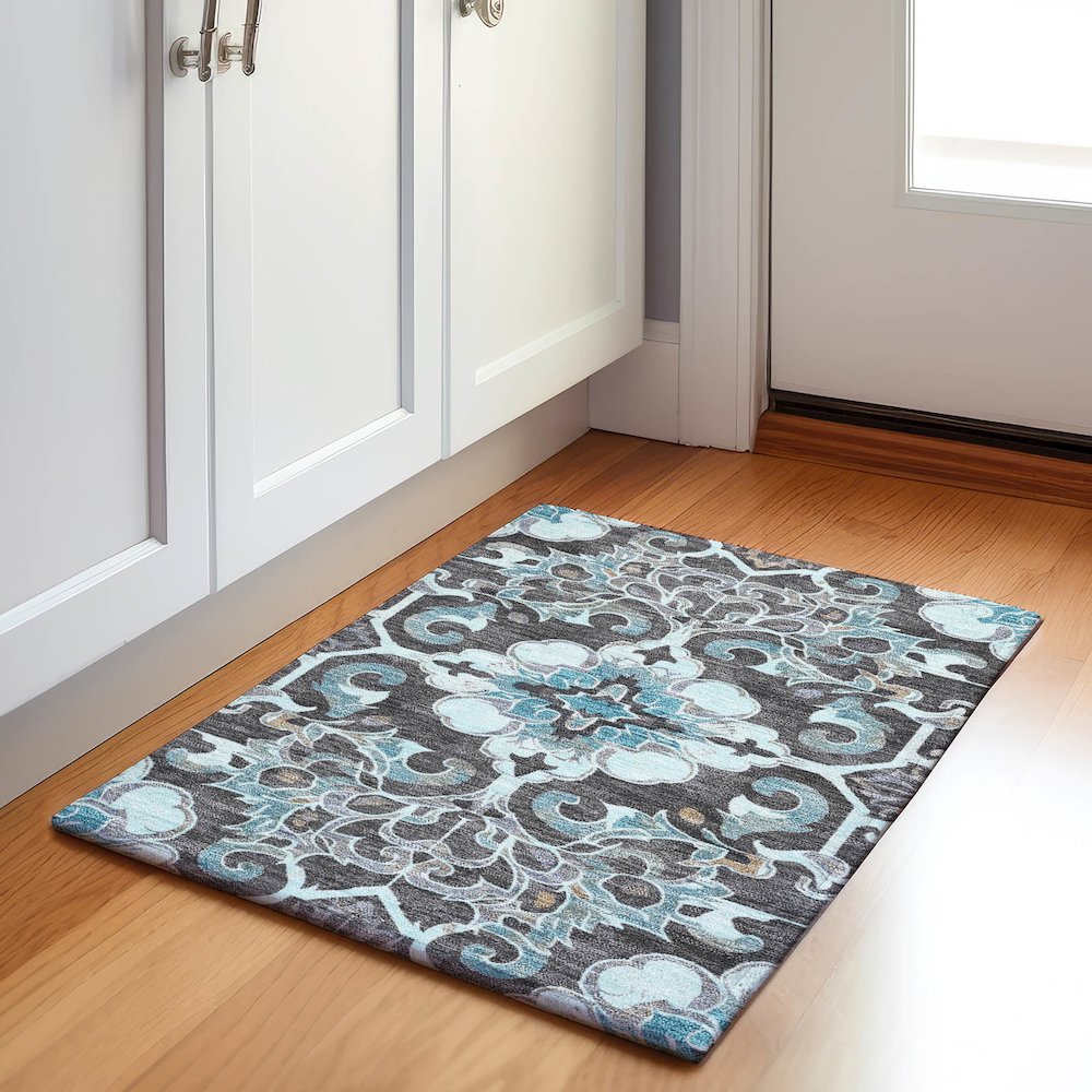 Machine Washable Indoor/Outdoor Chantille Teal 1'8" x 2'6" Rug. Picture 5
