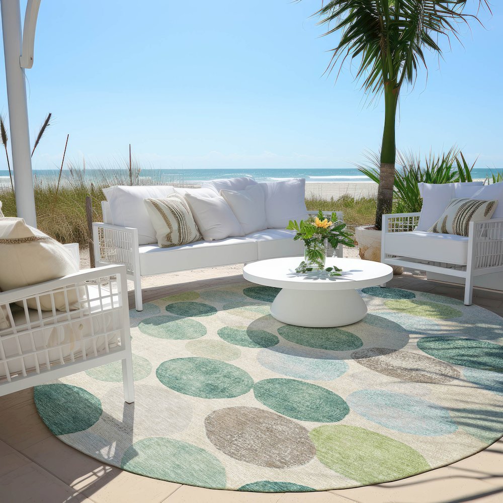 Machine Washable Indoor/Outdoor Chantille Teal 8' x 8' Round Rug. Picture 6