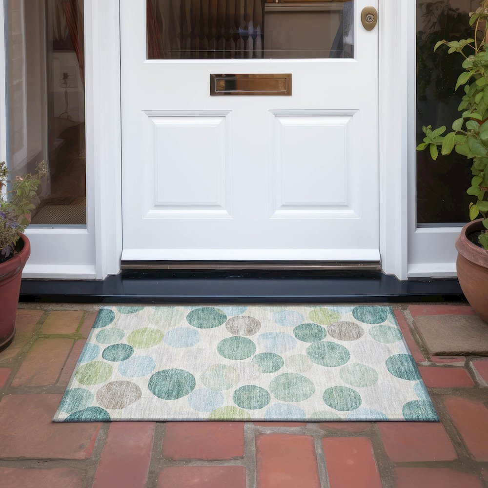 Machine Washable Indoor/Outdoor Chantille Teal 1'8" x 2'6" Rug. Picture 6
