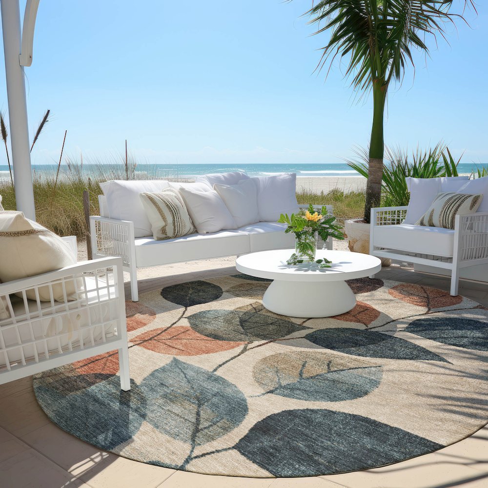 Machine Washable Indoor/Outdoor Chantille Beige 8' x 8' Round Rug. Picture 6