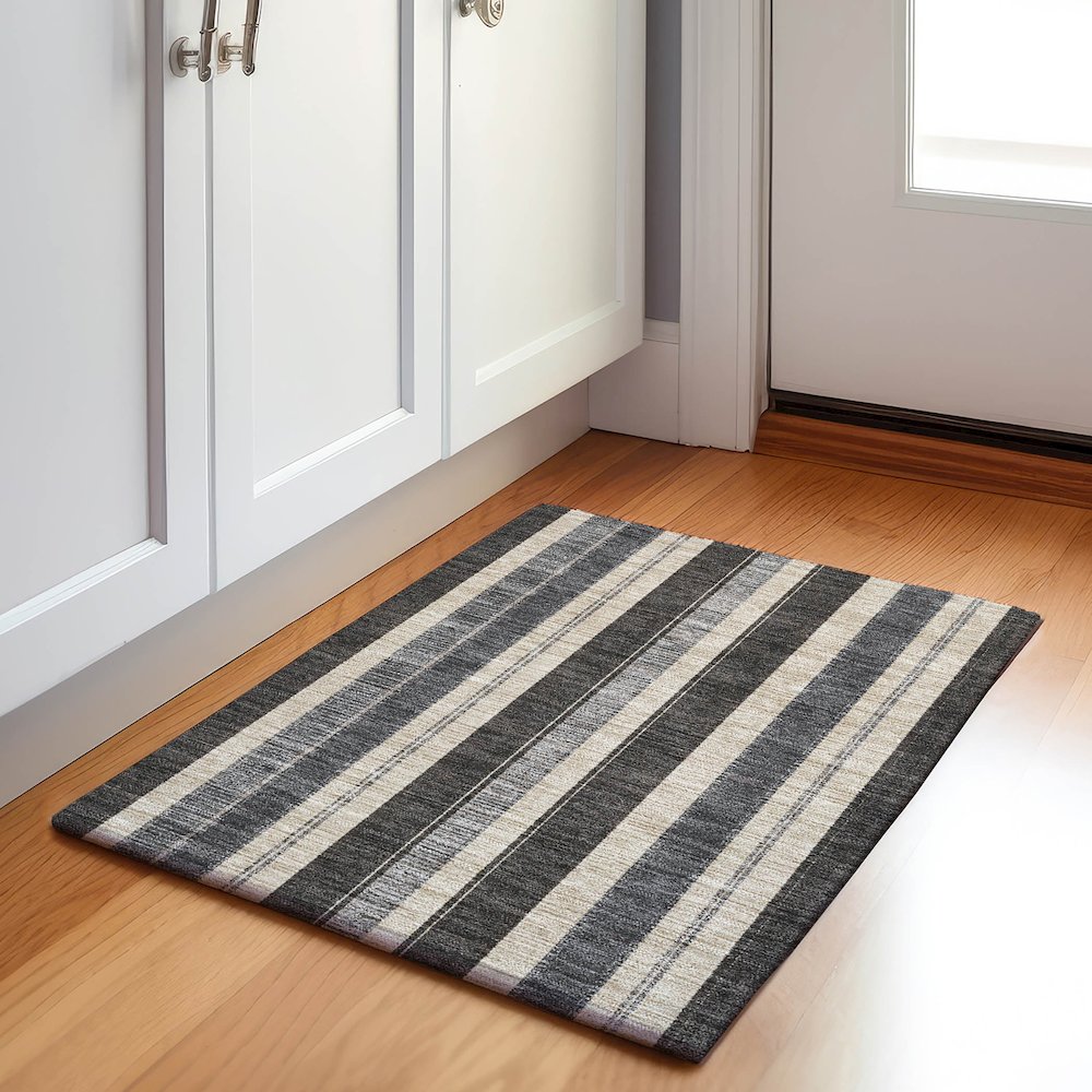 Machine Washable Indoor/Outdoor Chantille Black 1'8" x 2'6" Rug. Picture 5