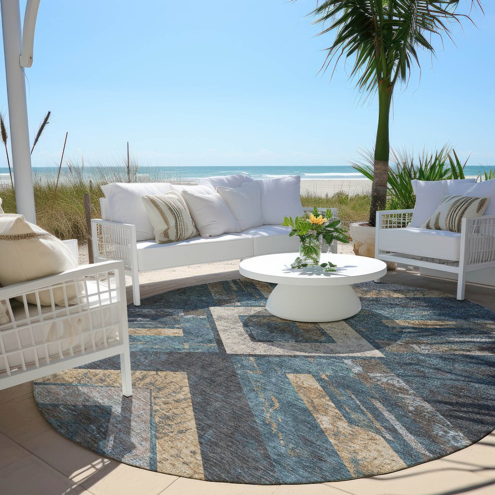 Machine Washable Indoor/Outdoor Chantille Navy 8' x 8' Round Rug. Picture 6