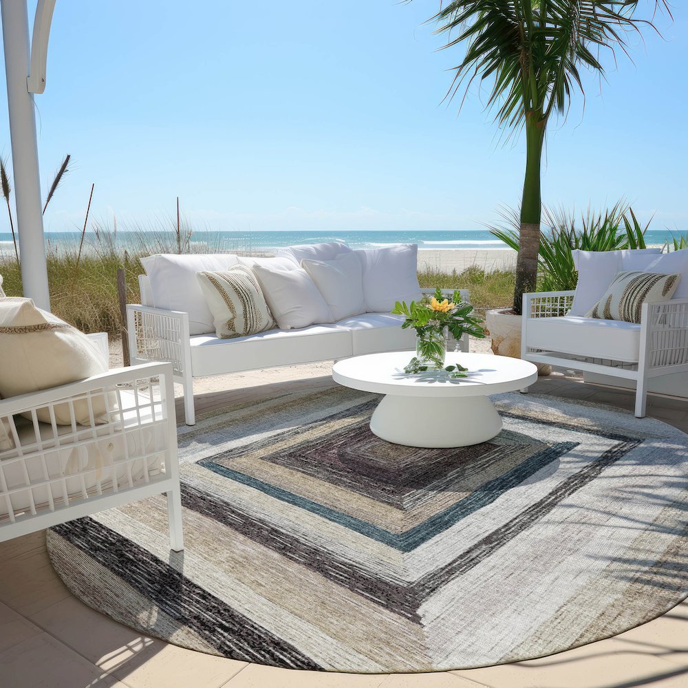 Machine Washable Indoor/Outdoor Chantille Beige 8' x 8' Round Rug. Picture 6