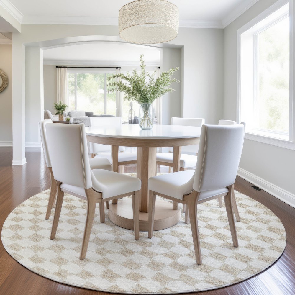 Machine Washable Indoor/Outdoor Chantille Beige 8' x 8' Round Rug. Picture 5
