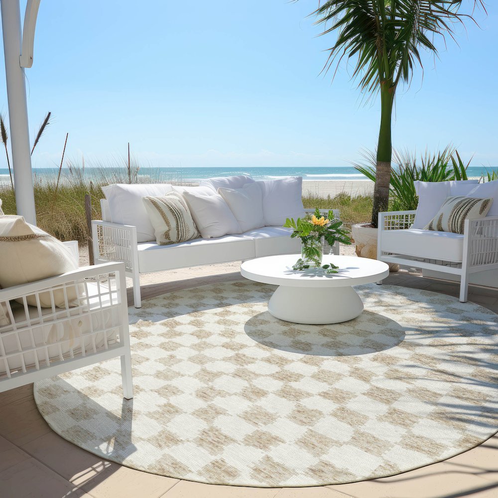 Machine Washable Indoor/Outdoor Chantille Beige 8' x 8' Round Rug. Picture 6