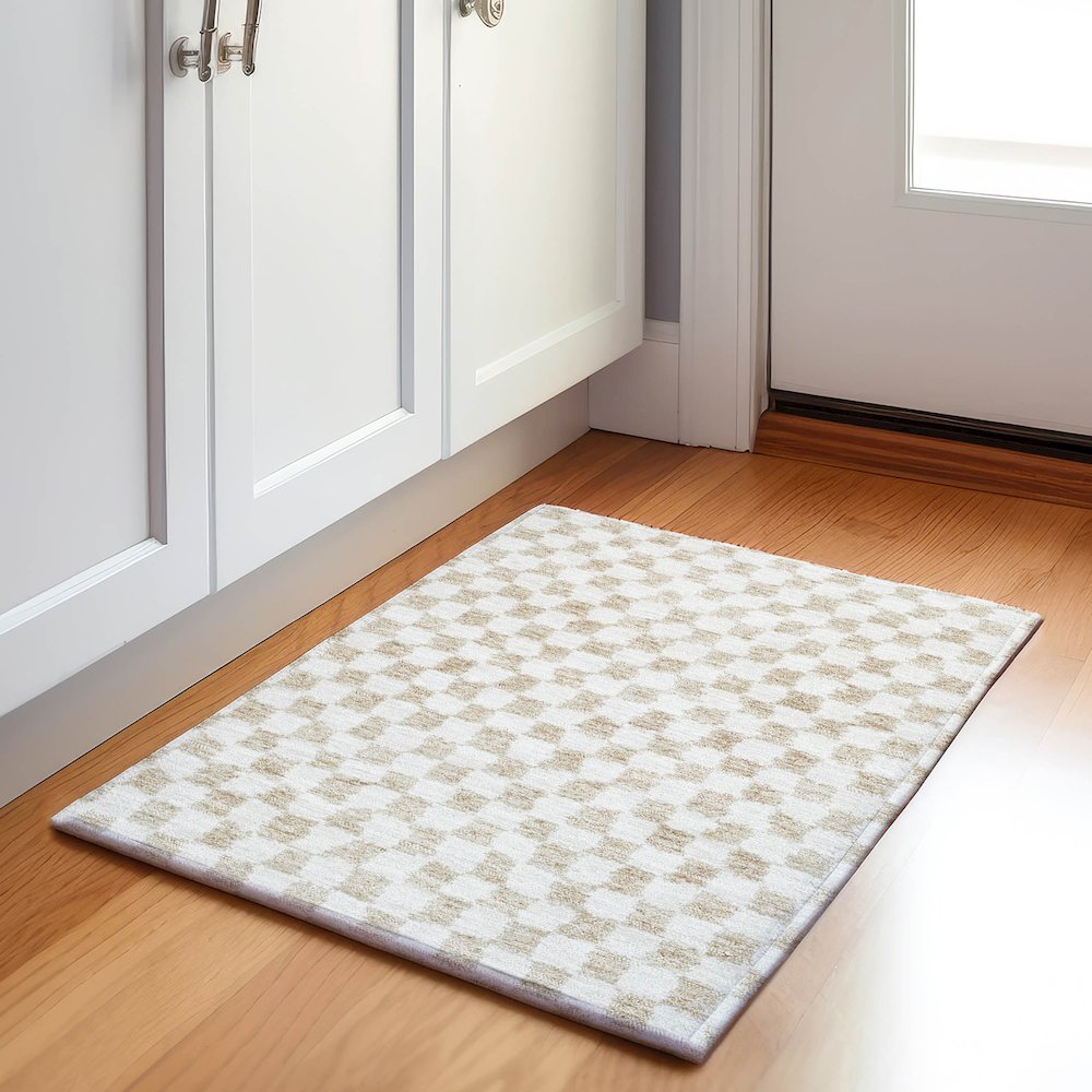 Machine Washable Indoor/Outdoor Chantille Beige 1'8" x 2'6" Rug. Picture 5