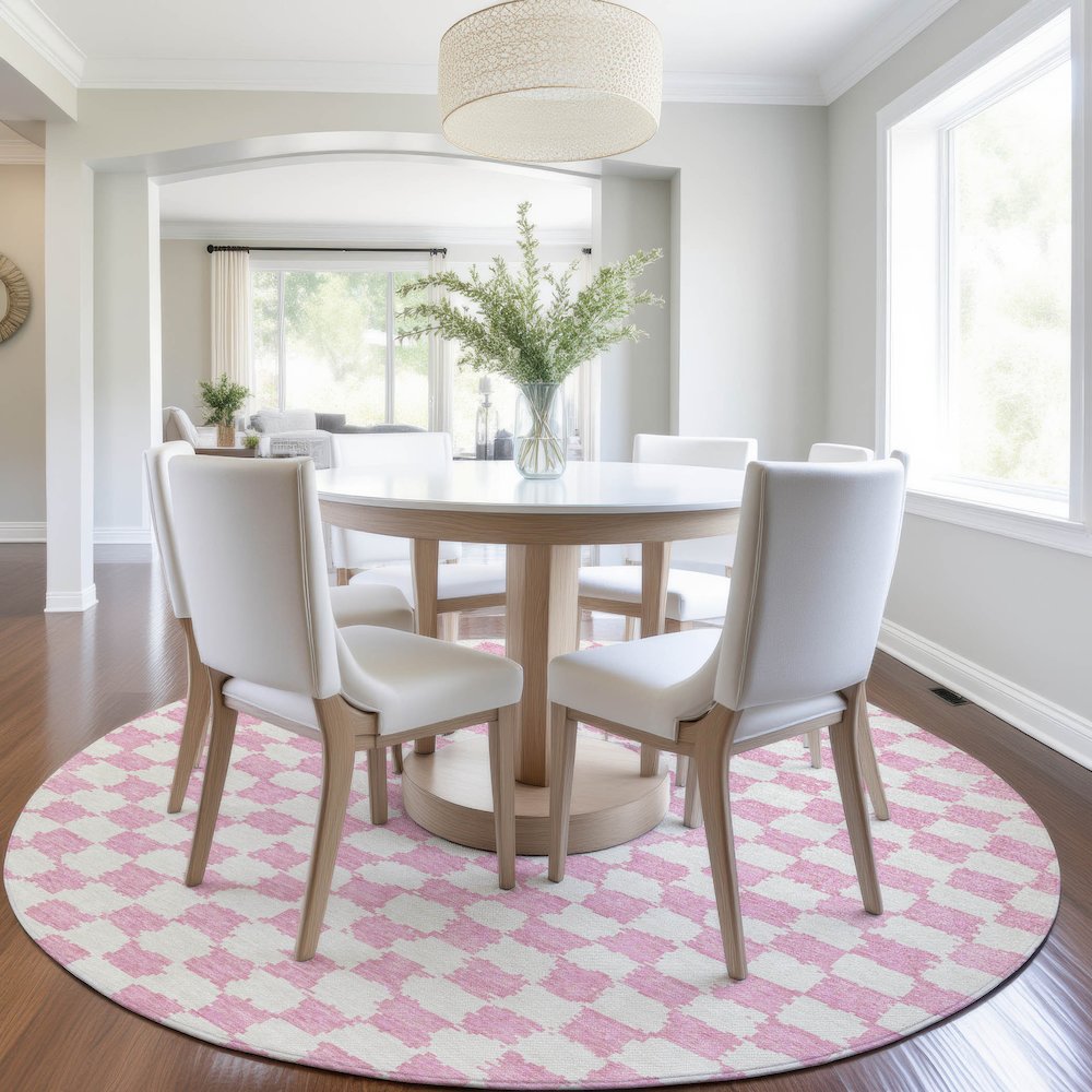 Machine Washable Indoor/Outdoor Chantille Pink 8' x 8' Round Rug. Picture 5