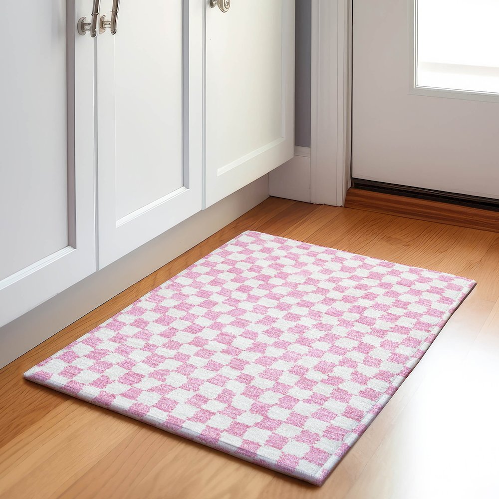 Machine Washable Indoor/Outdoor Chantille Pink 1'8" x 2'6" Rug. Picture 5