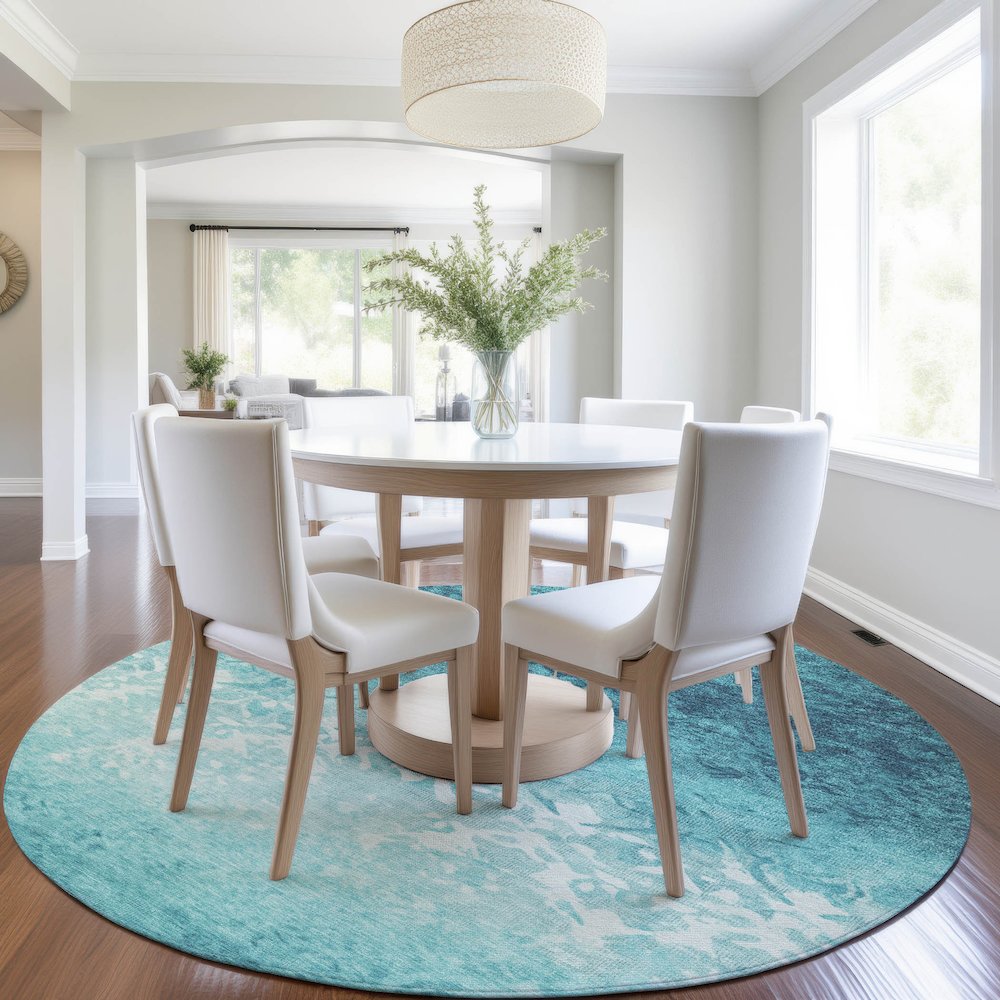 Machine Washable Indoor/Outdoor Chantille Teal 8' x 8' Round Rug. Picture 5