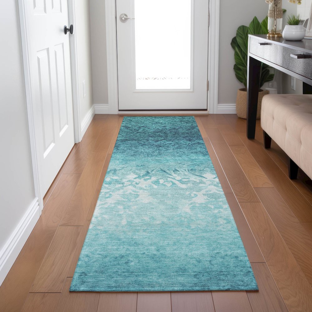 Machine Washable Indoor/Outdoor Chantille Teal 2'3" x 7'6" Runner Rug. Picture 5