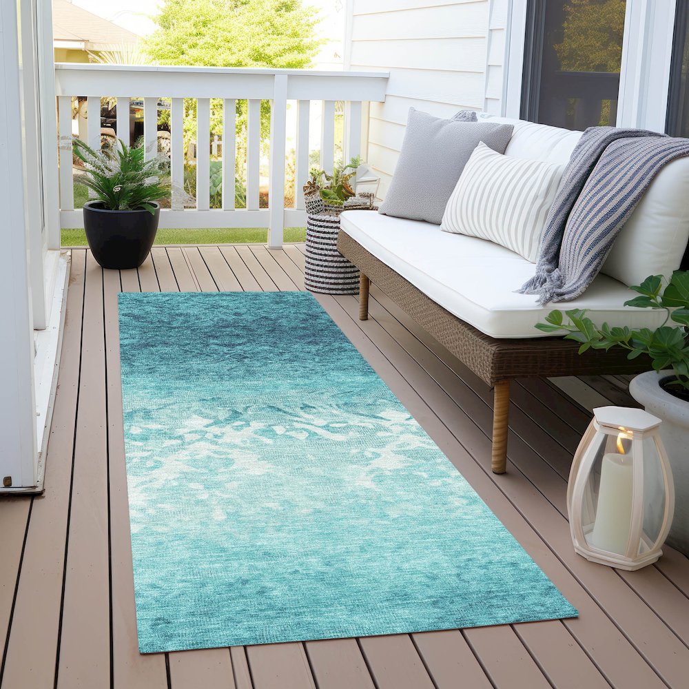 Machine Washable Indoor/Outdoor Chantille Teal 2'3" x 7'6" Runner Rug. Picture 6