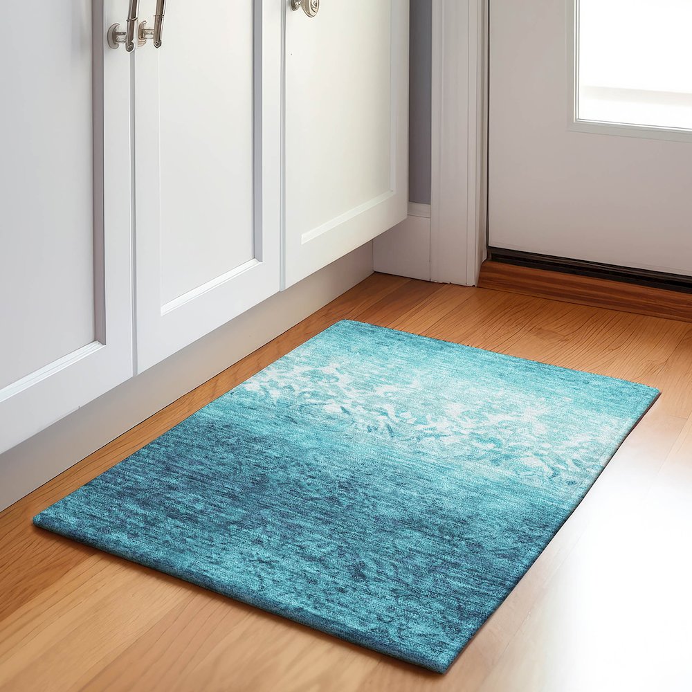 Machine Washable Indoor/Outdoor Chantille Teal 1'8" x 2'6" Rug. Picture 5