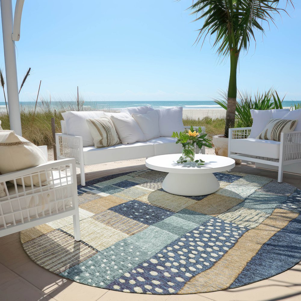 Machine Washable Indoor/Outdoor Chantille Navy 8' x 8' Round Rug. Picture 6