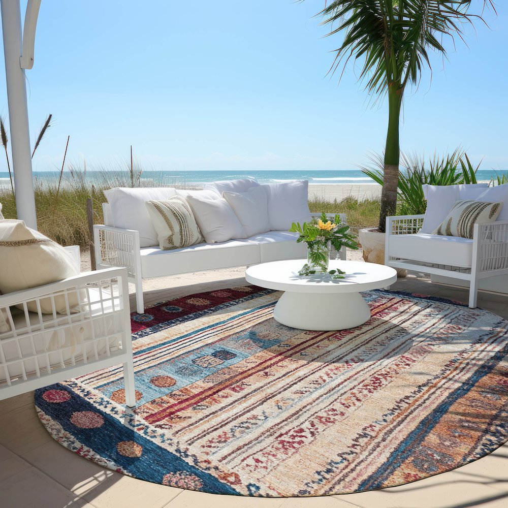 Machine Washable Indoor/Outdoor Chantille Navy 8' x 8' Round Rug. Picture 6