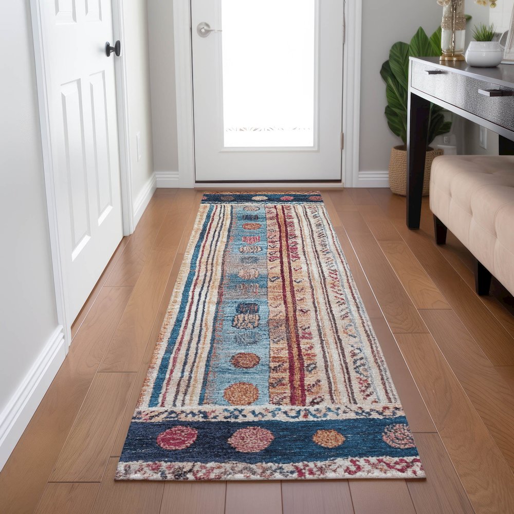 Machine Washable Indoor/Outdoor Chantille Navy 2'3" x 7'6" Runner Rug. Picture 5