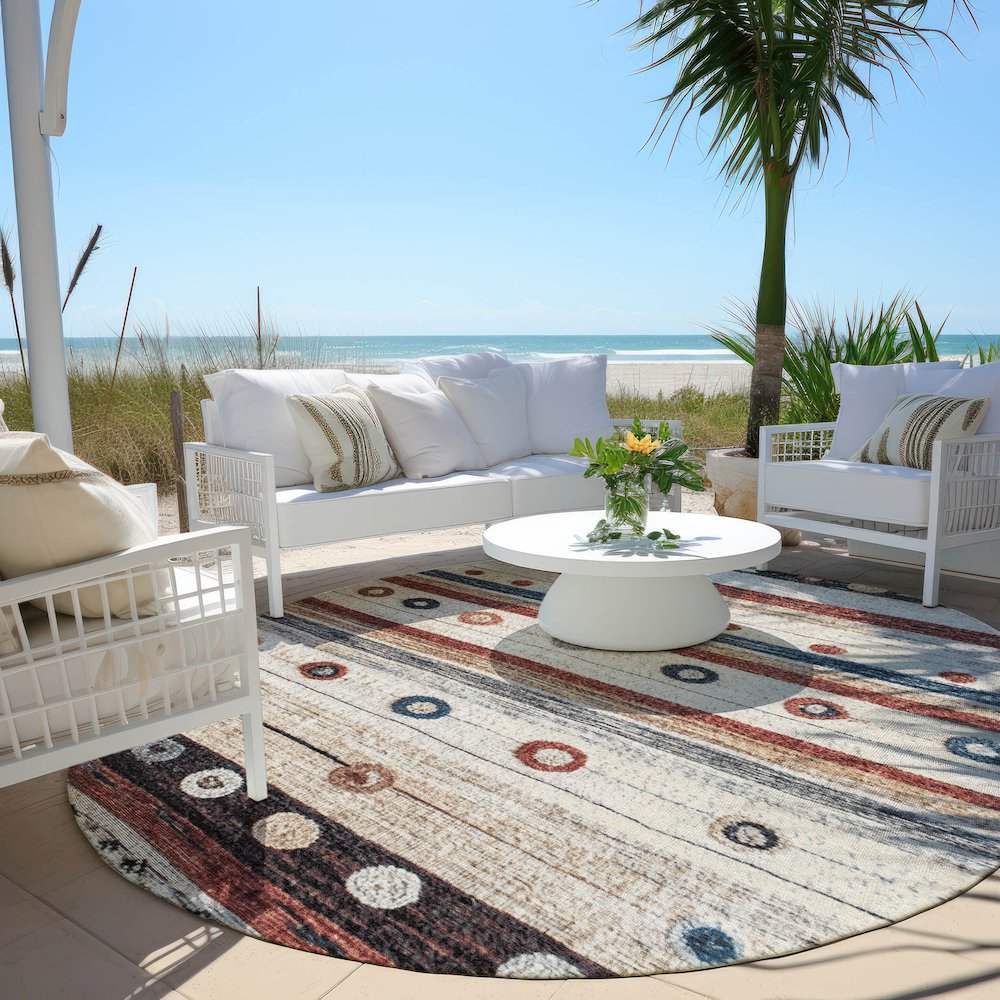 Machine Washable Indoor/Outdoor Chantille Beige 8' x 8' Round Rug. Picture 6